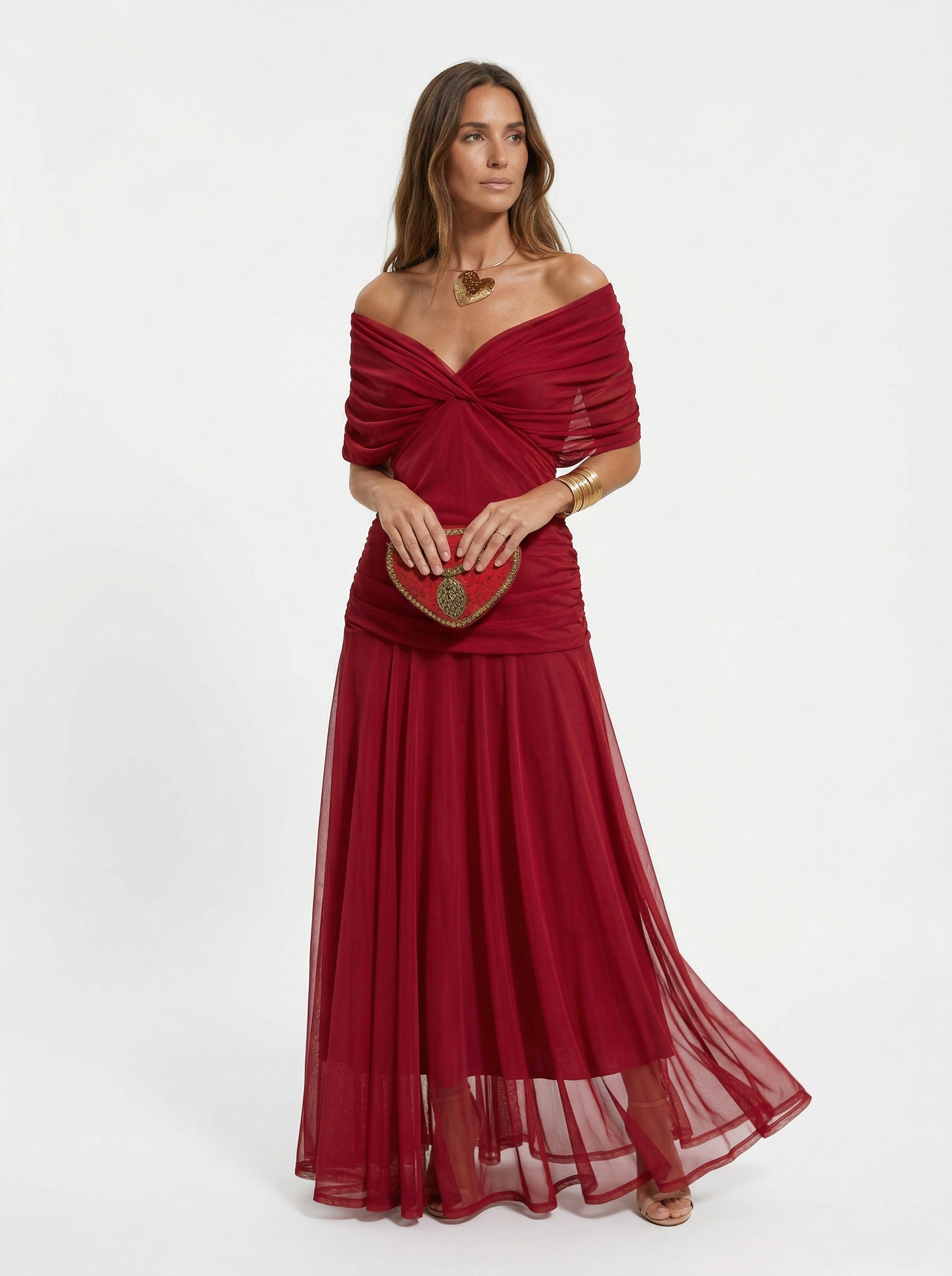 Loraina™ | Floral Long Dress with Draped Off-Shoulder Neckline