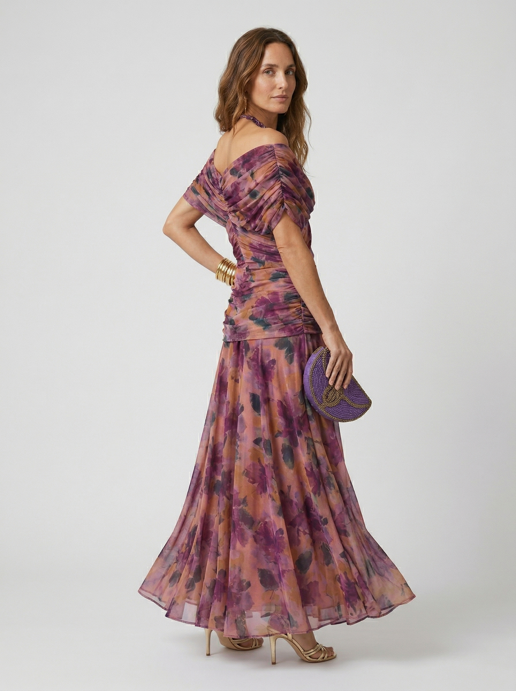 Loraina™ | Floral Long Dress with Draped Off-Shoulder Neckline