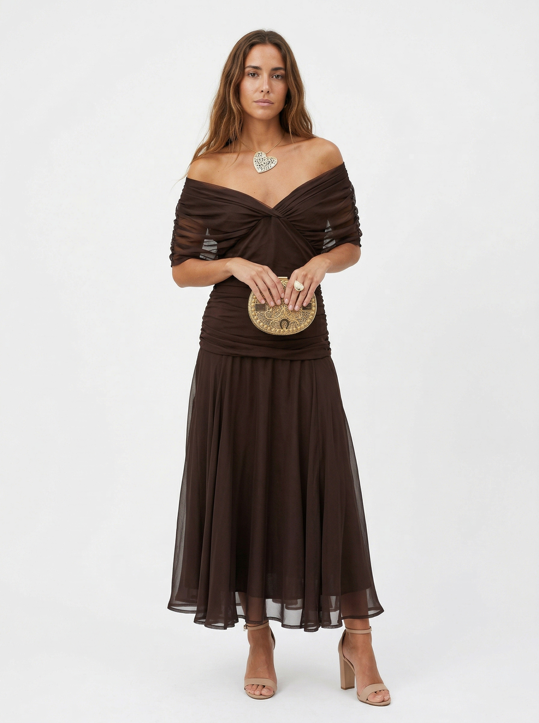 Loraina™ | Floral Long Dress with Draped Off-Shoulder Neckline