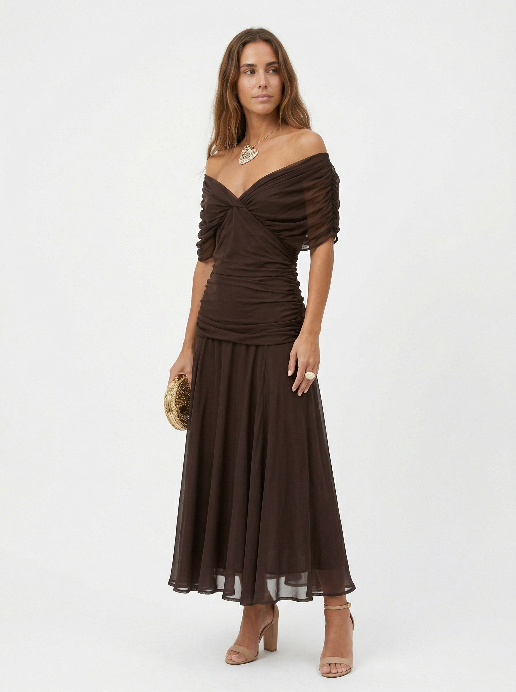 Loraina™ | Floral Long Dress with Draped Off-Shoulder Neckline