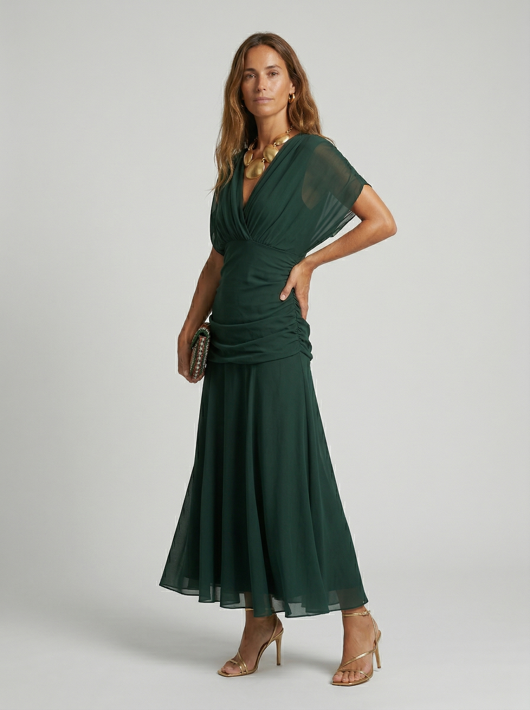 Loraina™ | Floral Long Dress with Draped Off-Shoulder Neckline
