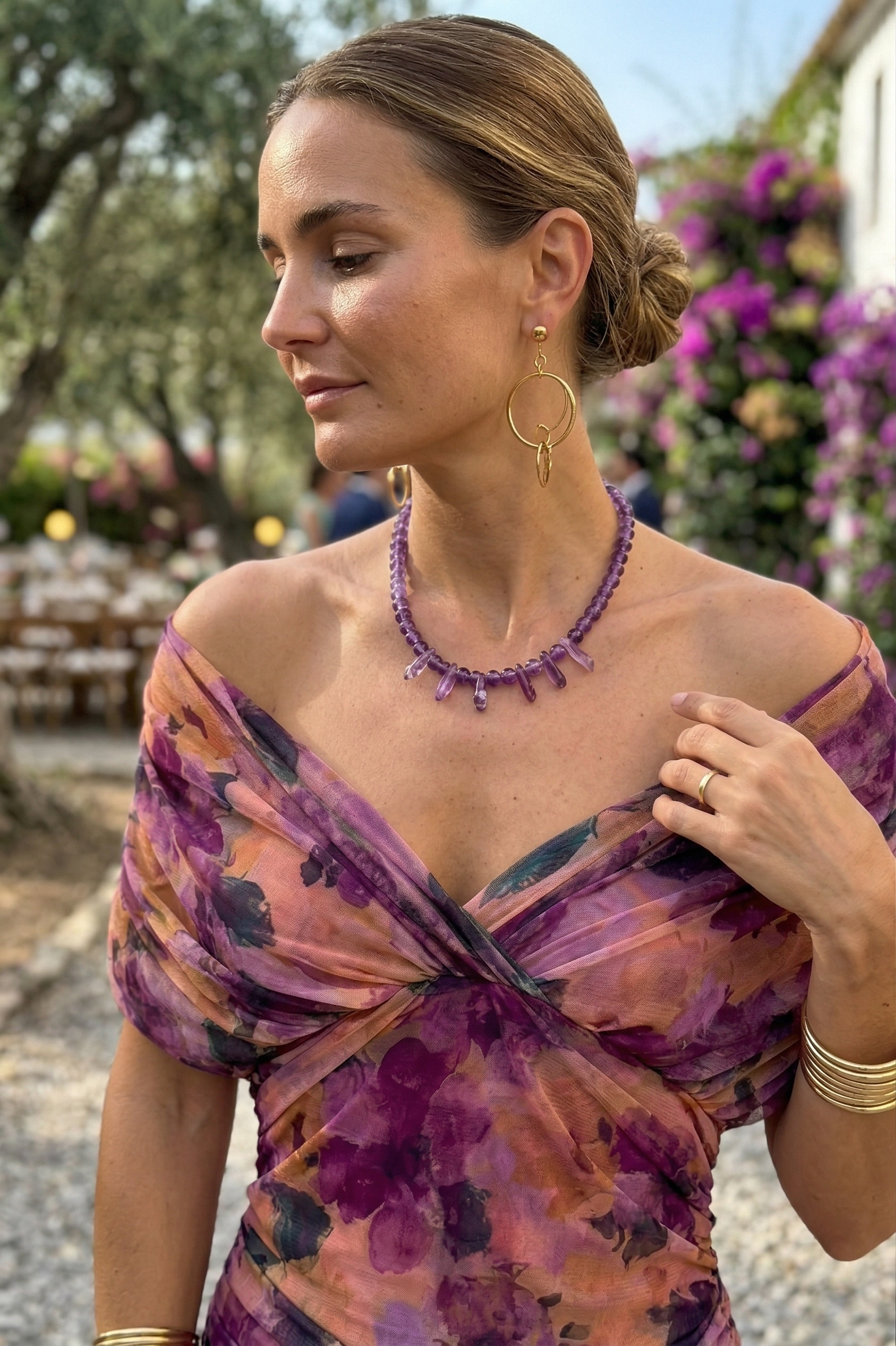 Loraina™ | Floral Long Dress with Draped Off-Shoulder Neckline