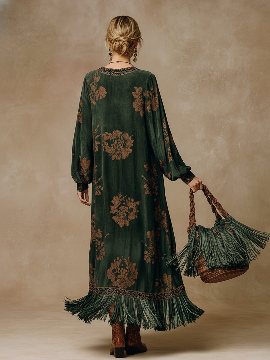 Brelaine™ | Retro Silhouette Printed Green Tassel Maxi Dress