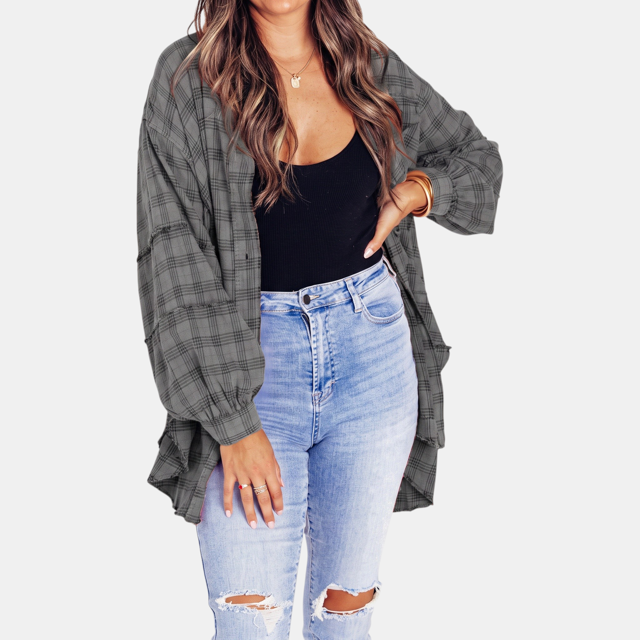 Isadora™ | Oversized Raw Hem Plaid Shirt