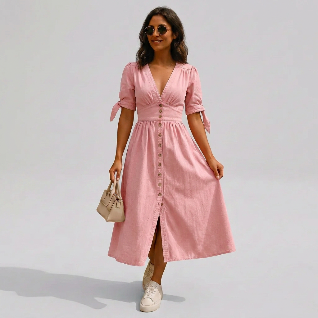 Button-Front V-Neck Tie-Sleeve Midi Dress