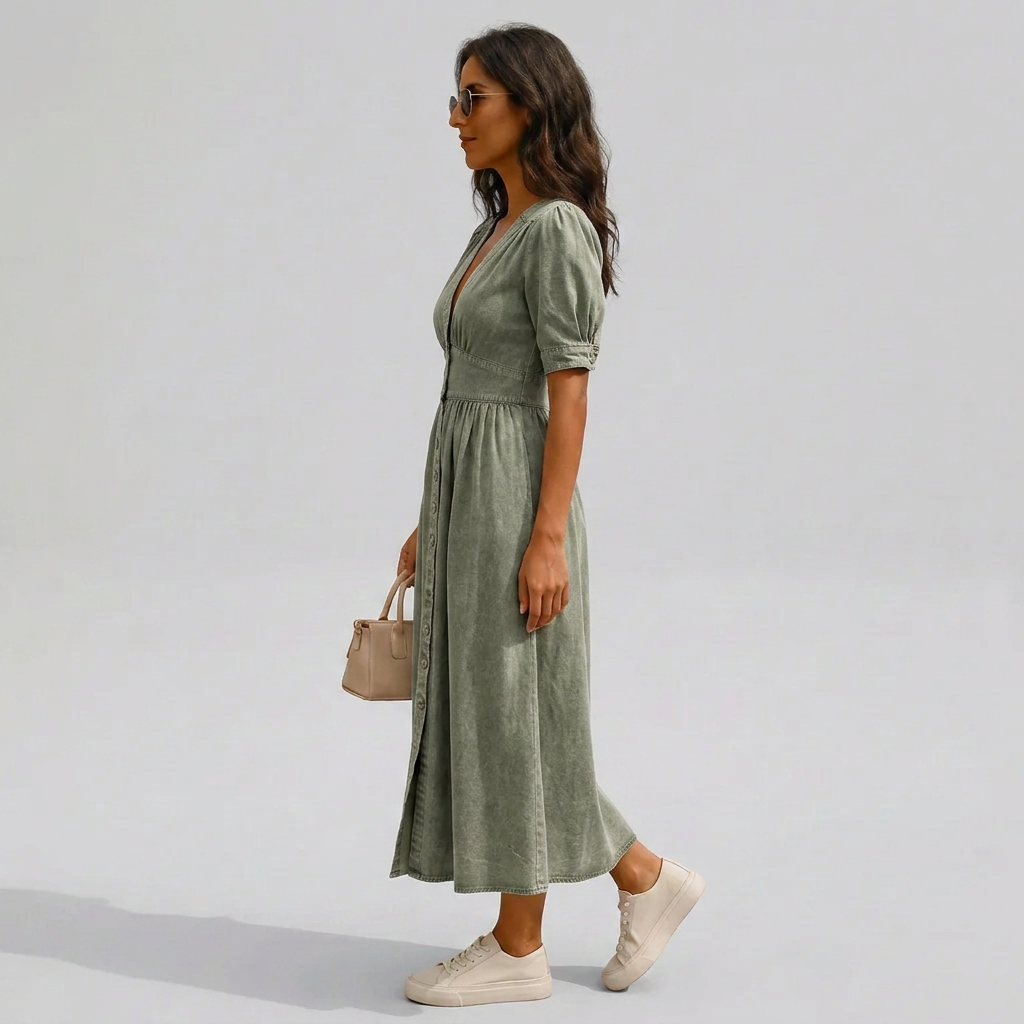 Button-Front V-Neck Tie-Sleeve Midi Dress