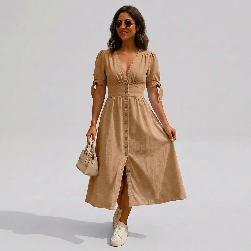 Button-Front V-Neck Tie-Sleeve Midi Dress
