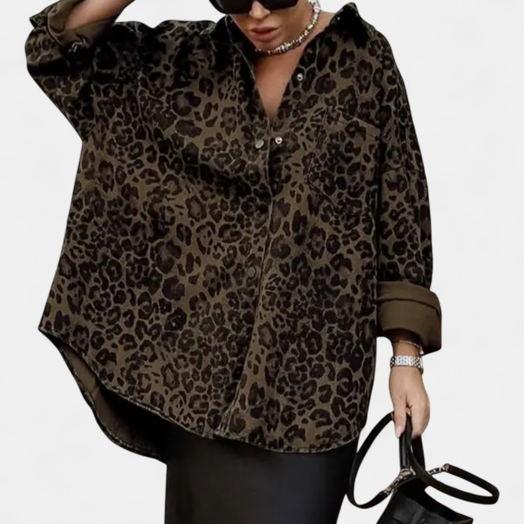 Anouk™ | Vintage Leopard Print Lapel Collar Long Sleeve Blouse