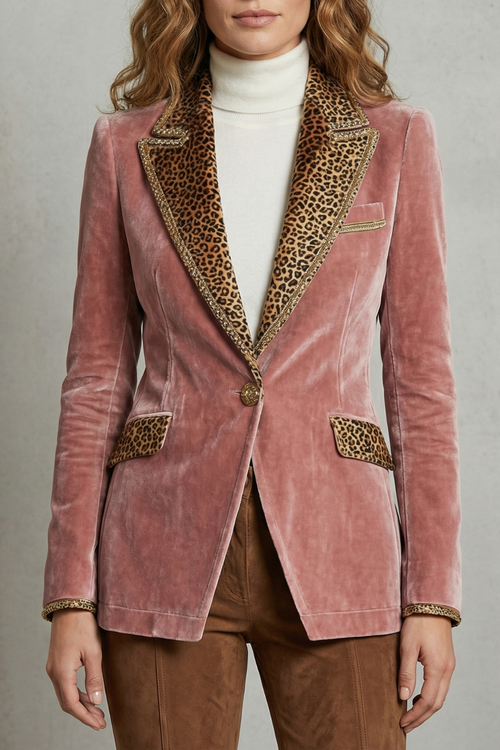 Léovelle | Women's Leopard Contrast Elegant Cut Velvet Blazer