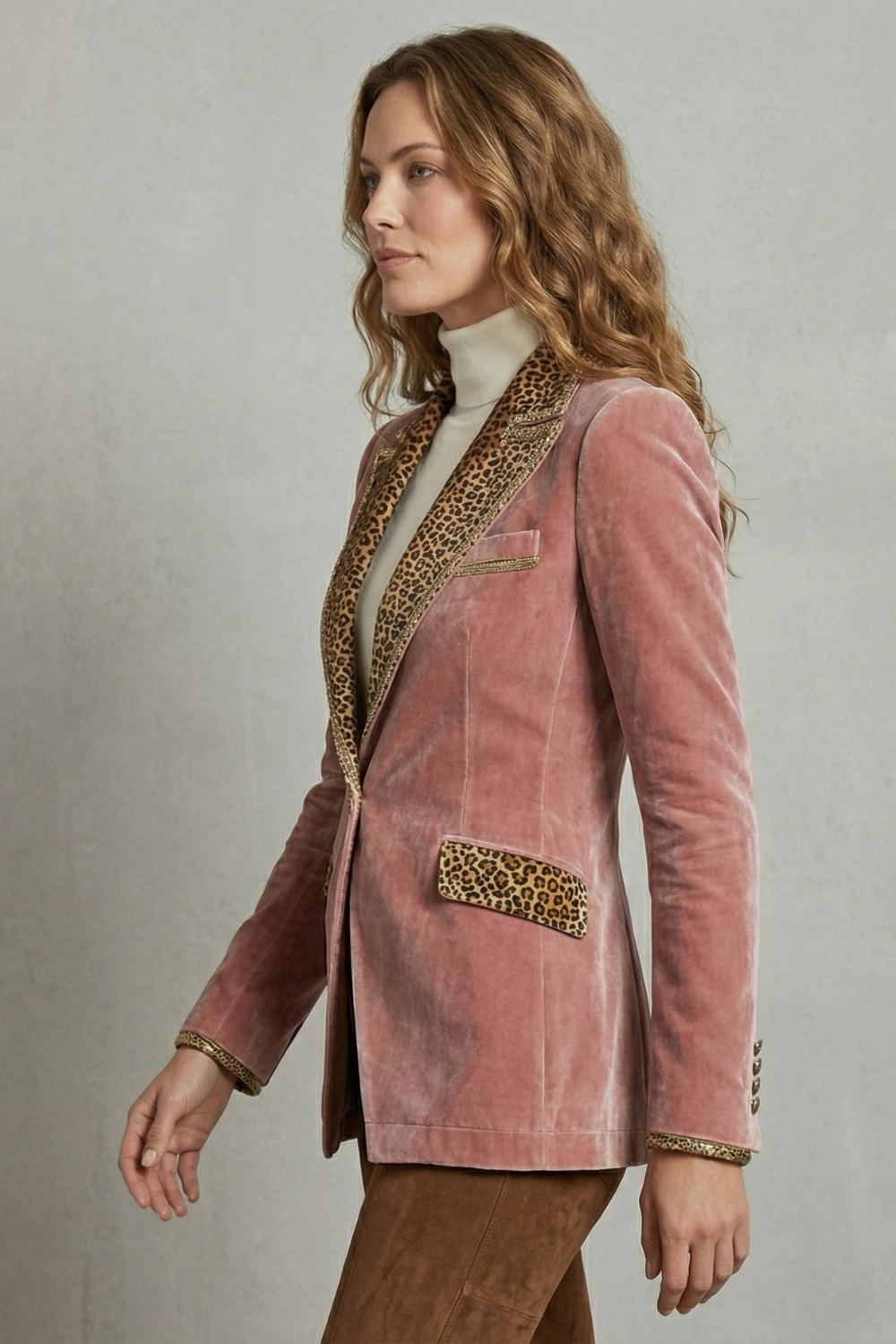 Women's Leopard Contrast Elegant Cut Velvet Blazer