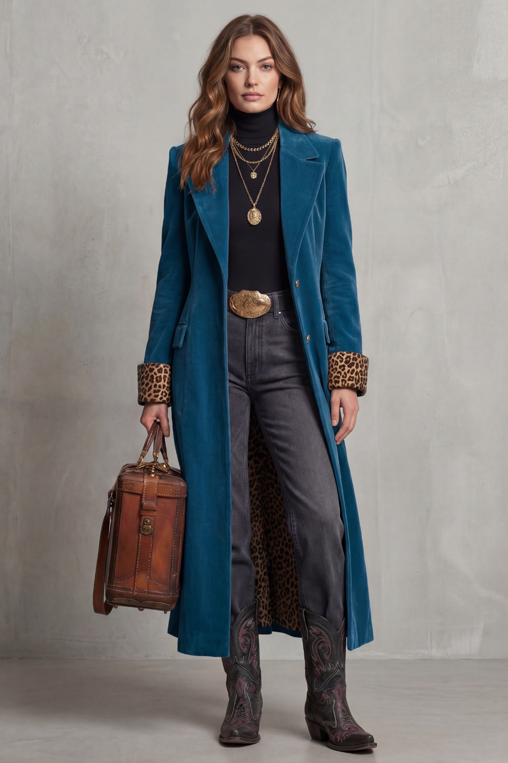Women's Leopard-lined Velvet Elegance Long Coat