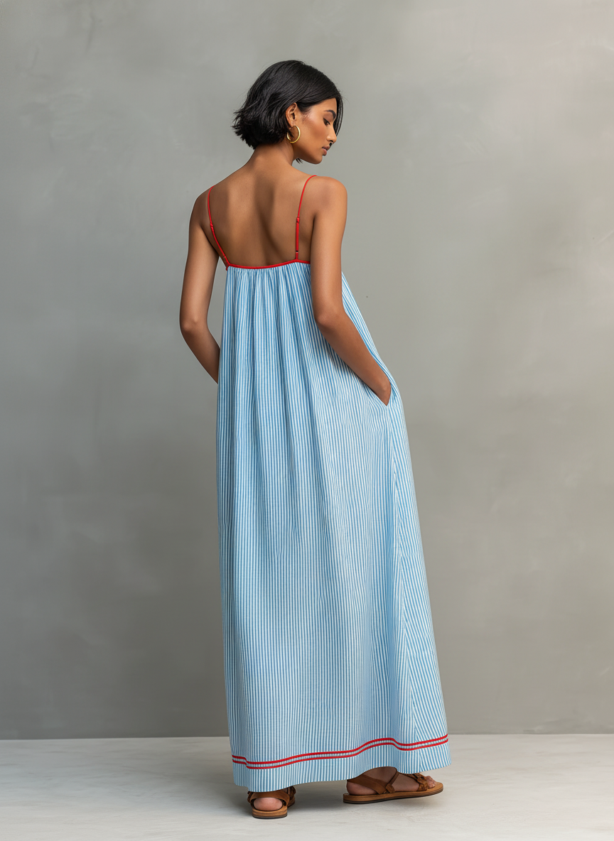 Saffron™ | Striped Maxi Dress with Red Trim and Spaghetti Straps