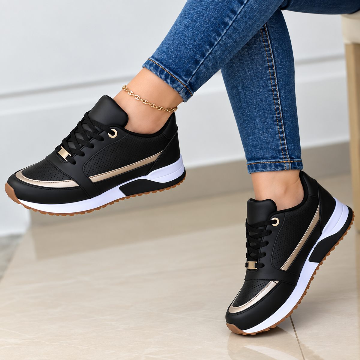 Women's Black Lace-Up Comfort Sneakers with Metallic Accents