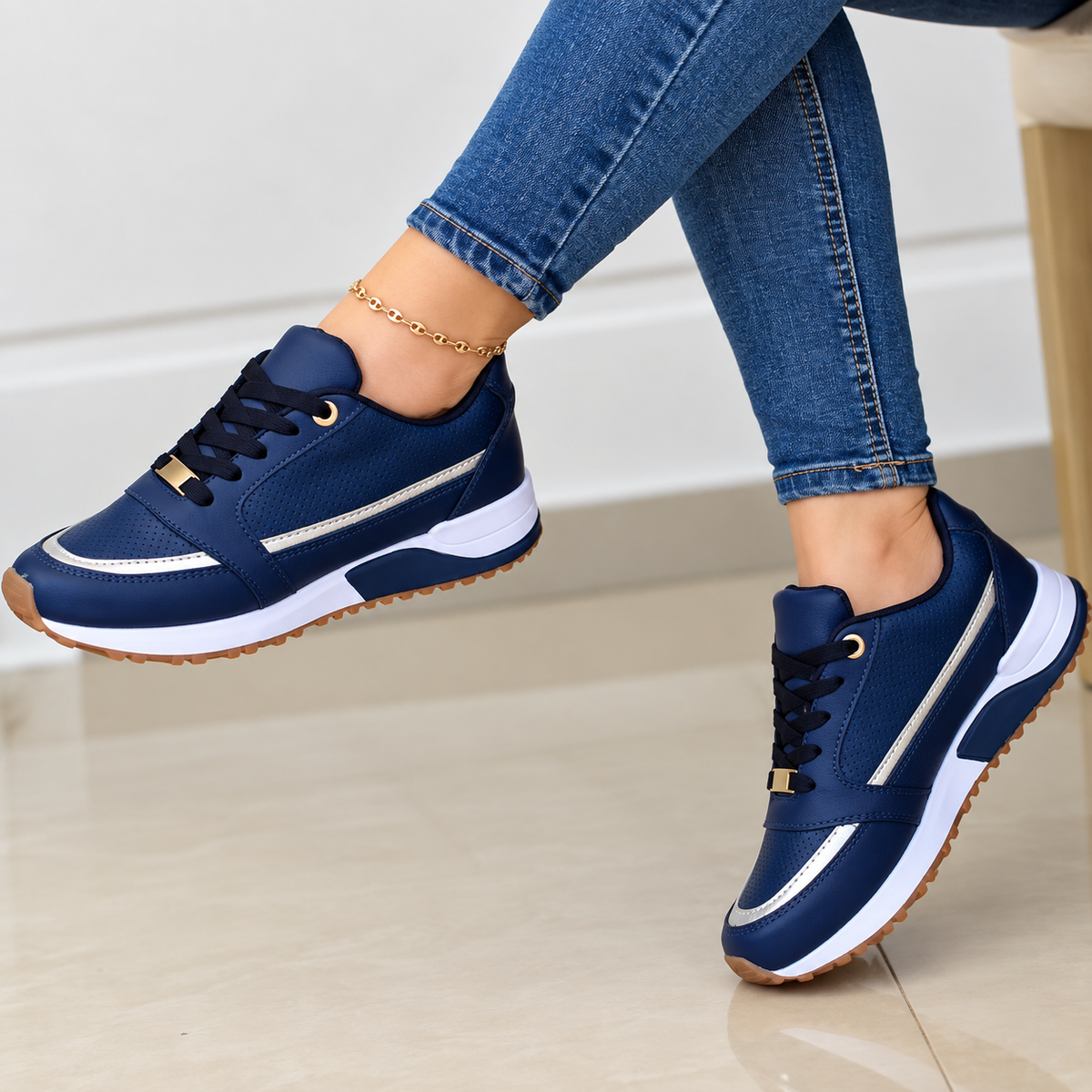 Women's Black Lace-Up Comfort Sneakers with Metallic Accents