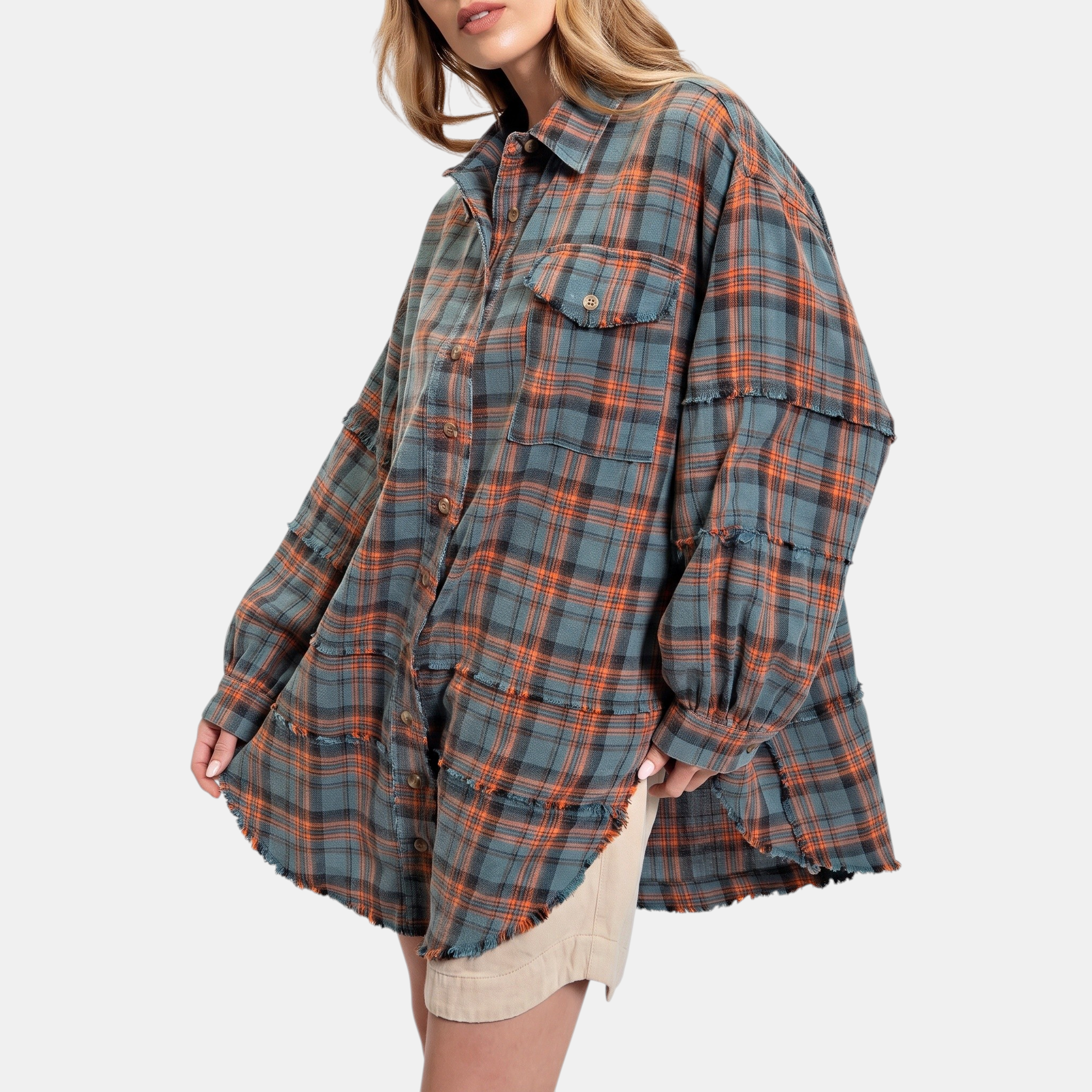 Isadora™ | Oversized Raw Hem Plaid Shirt