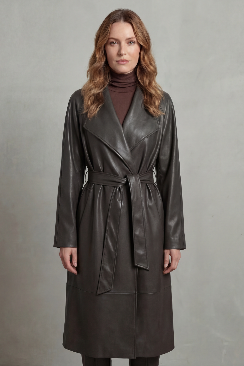 Women's Waist-cinching Silhouette Faux Leather Trench Coat