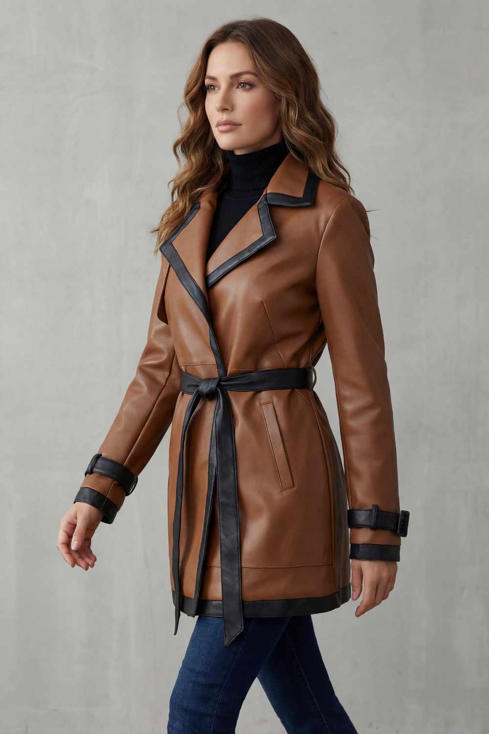 Women's Contrast Trim Wrap Belted Faux Leather Trench Coat