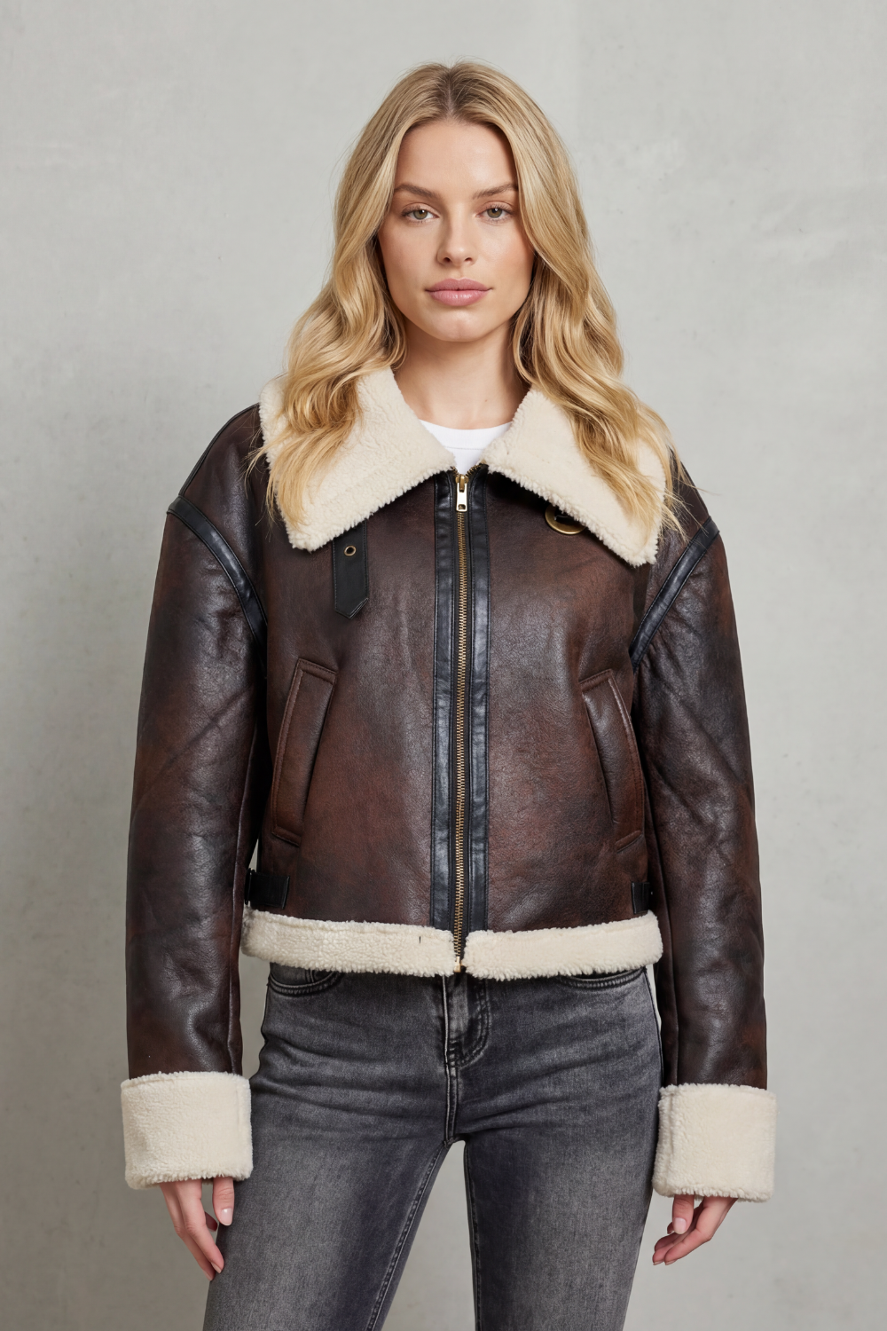 Women's Shearling Trim Cropped Aviator Jacket