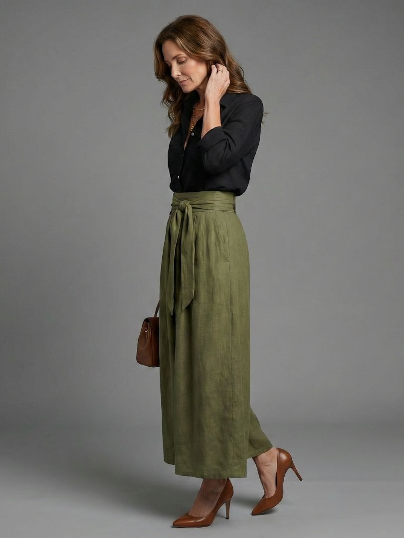 Donata™ | Two Piece Set Black Blouse Olive Green Midi Skirt
