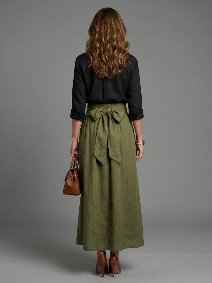 Donata™ | Two Piece Set Black Blouse Olive Green Midi Skirt