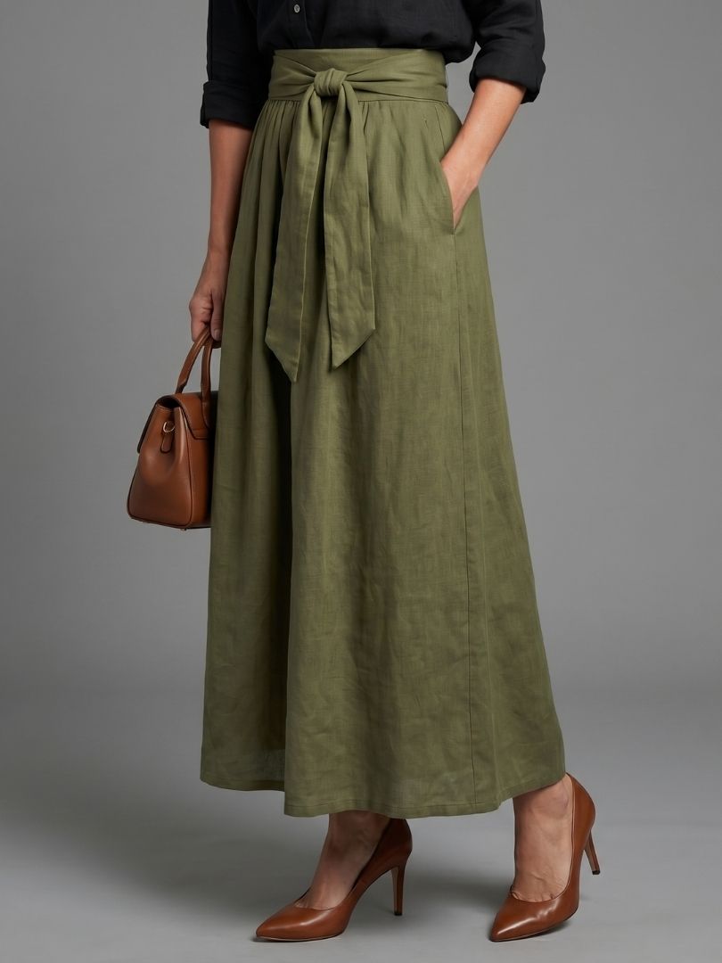Donata™ | Two Piece Set Black Blouse Olive Green Midi Skirt