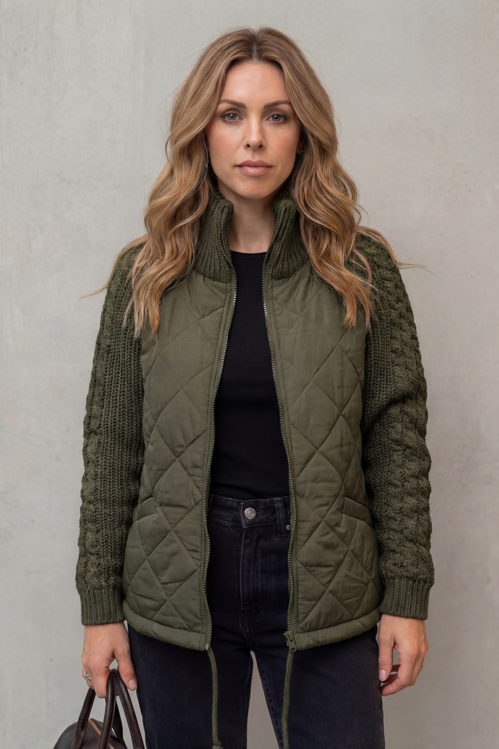 Women's Textured Knit Detail Quilted Puffer Jacket