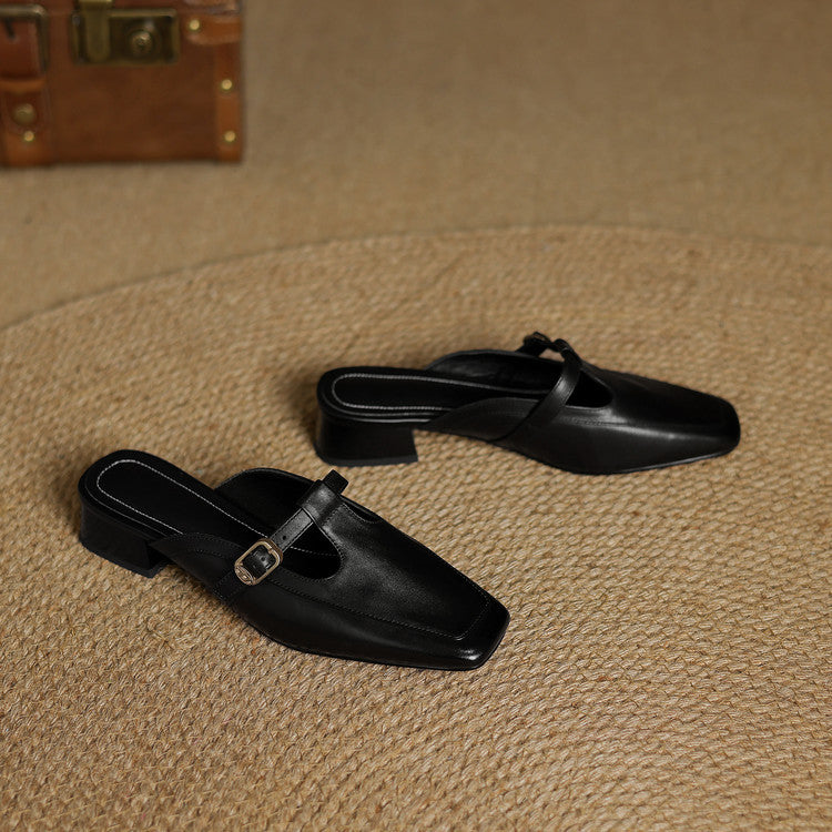 Women's T-Strap Leather Mules