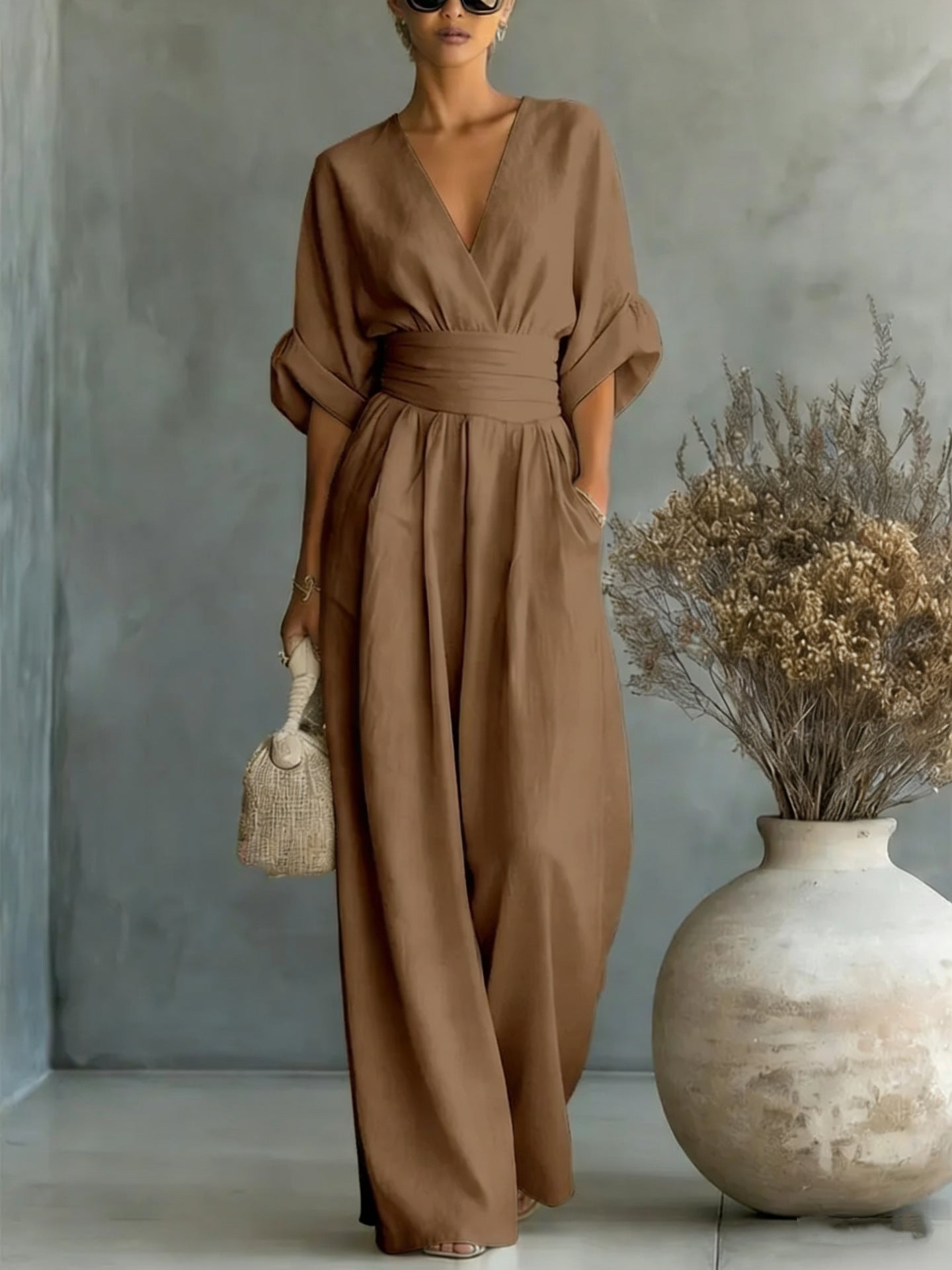 Mirabel™ | V-Neck Wide-Leg Jumpsuit with Wrap Waist and Flowy Sleeves