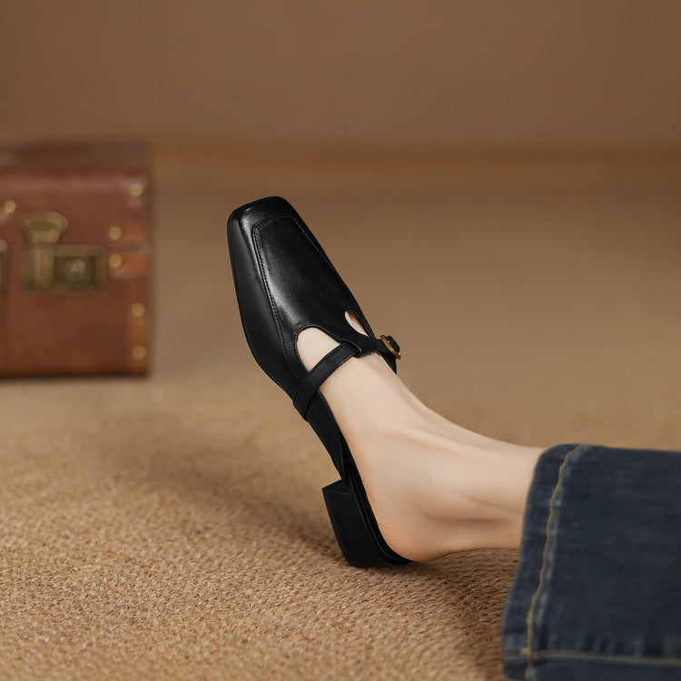 Women's T-Strap Leather Mules