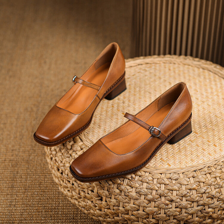 Women's Strap Leather Mary-Jane Heels