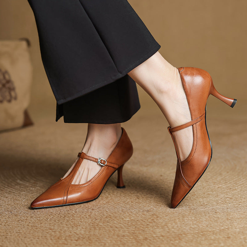 Women's Leather T-strap Pumps