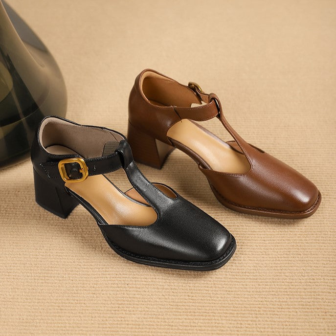 Women's T-Strap Leather Pumps
