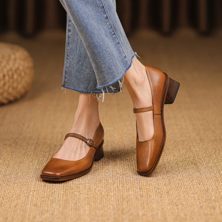 Women's Strap Leather Mary-Jane Heels