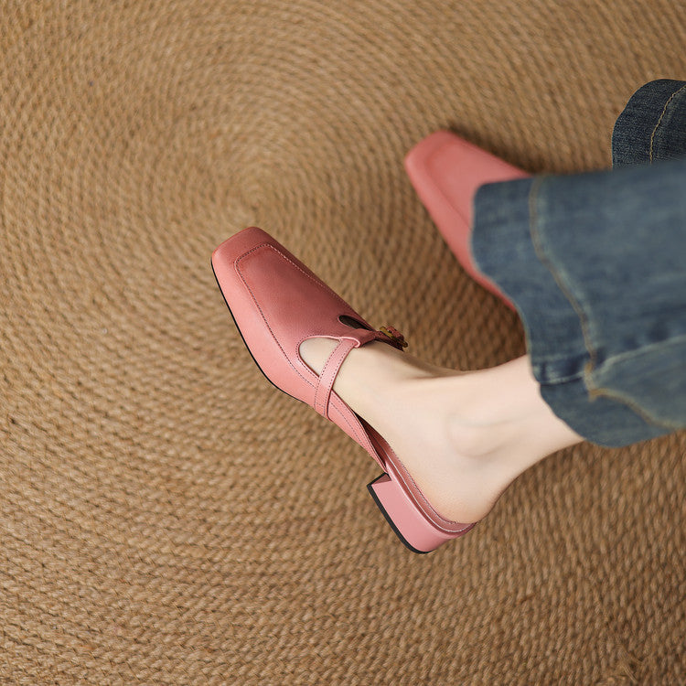 Women's T-Strap Leather Mules