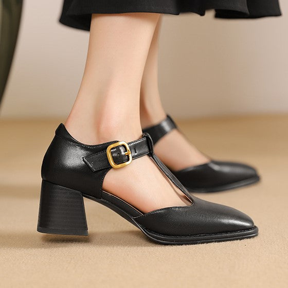 Women's T-Strap Leather Pumps