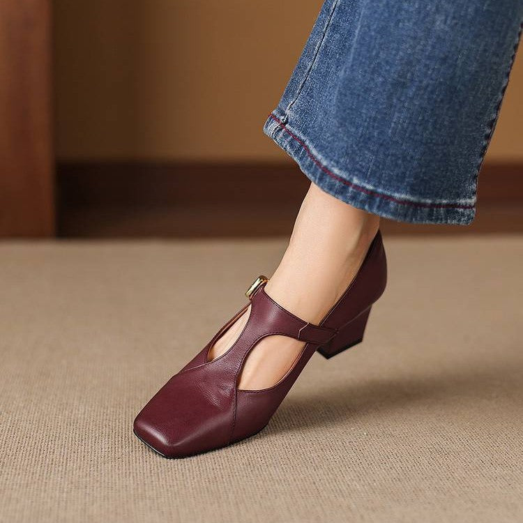 Women's Square-Toe Leather Mary-Jane Heels