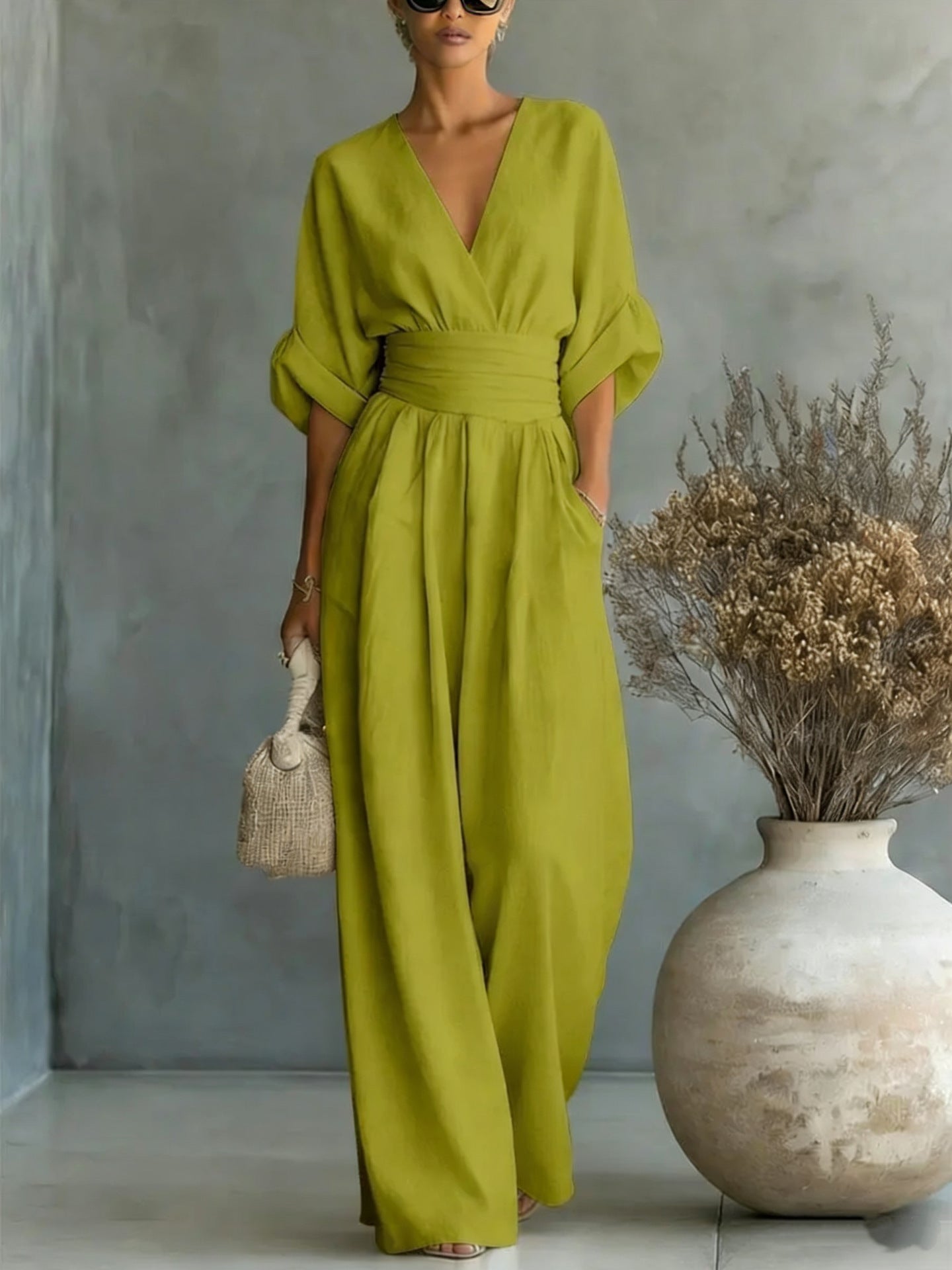 Mirabel™ | V-Neck Wide-Leg Jumpsuit with Wrap Waist and Flowy Sleeves