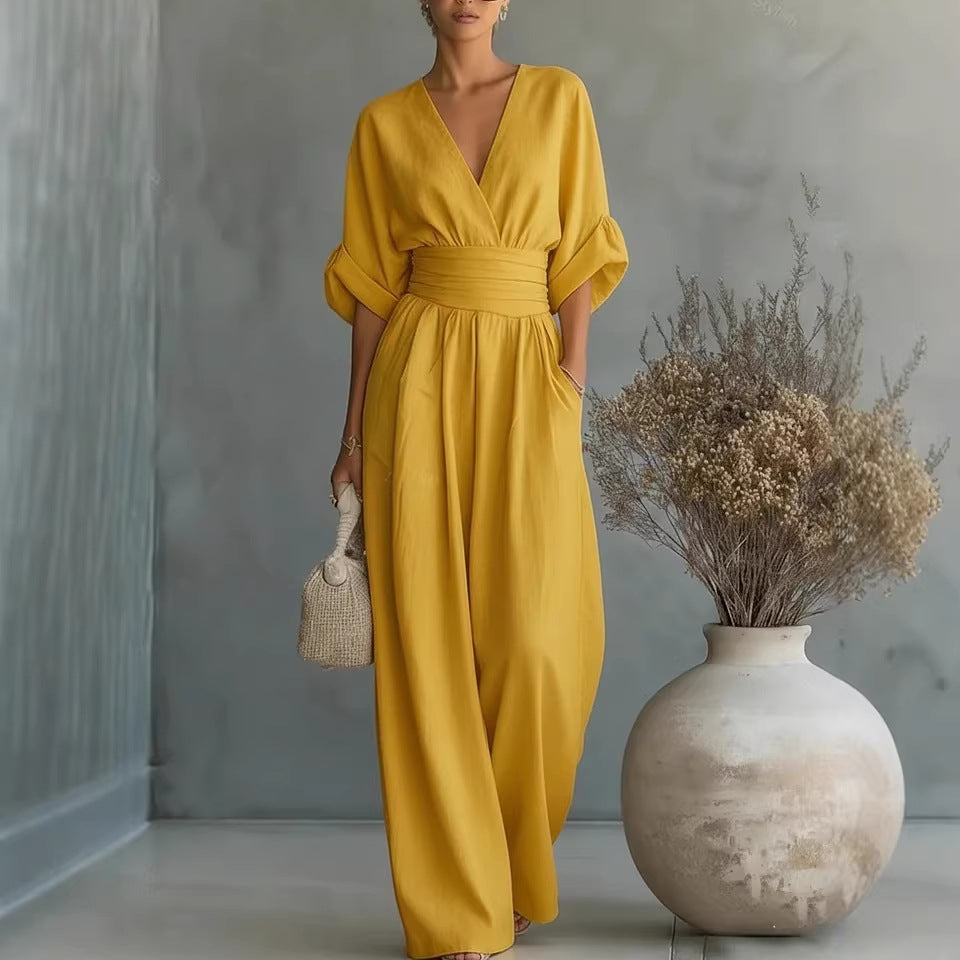 Mirabel™ | V-Neck Wide-Leg Jumpsuit with Wrap Waist and Flowy Sleeves