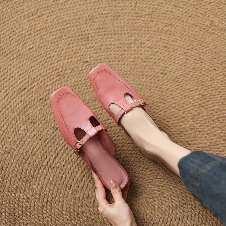 Women's T-Strap Leather Mules