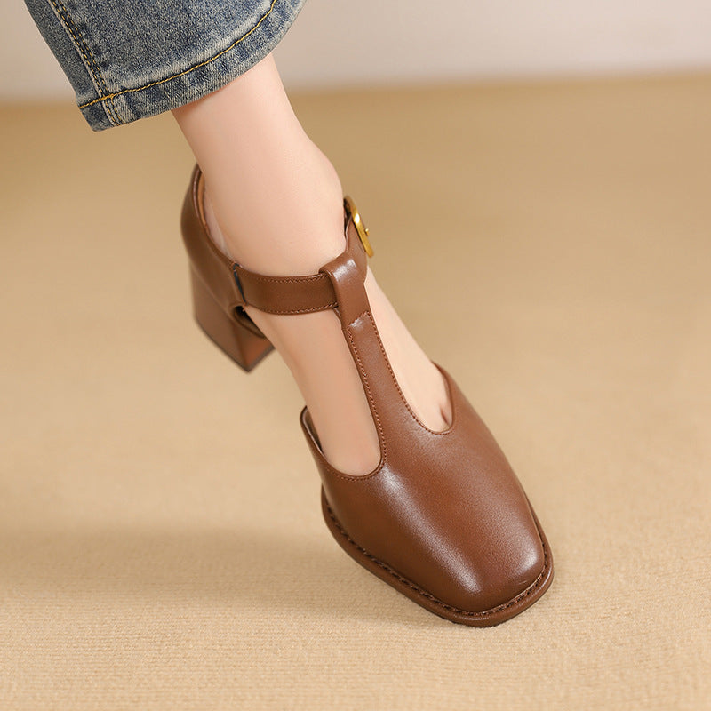 Women's T-Strap Leather Pumps