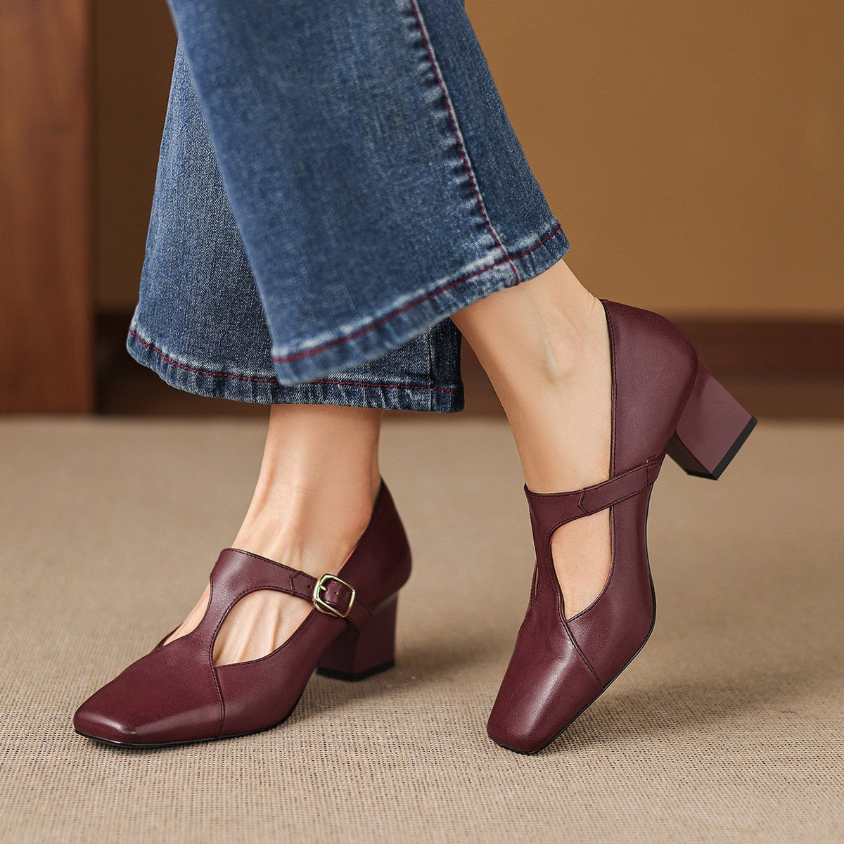 Women's Square-Toe Leather Mary-Jane Heels