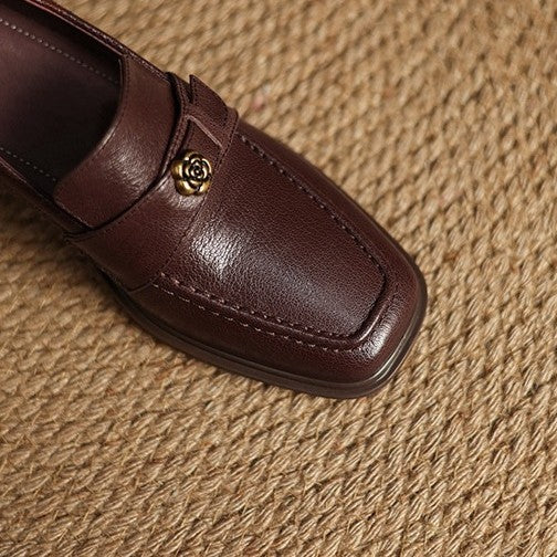 Women's Square-Toe Leather Loafer Pumps
