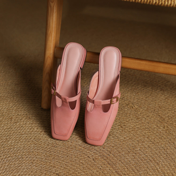 Women's T-Strap Leather Mules