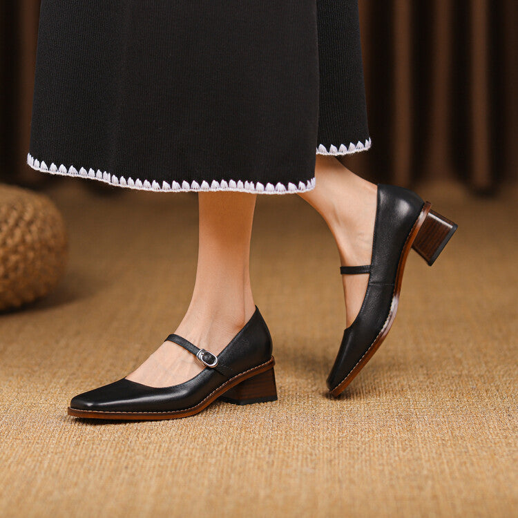 Women's Strap Leather Mary-Jane Heels