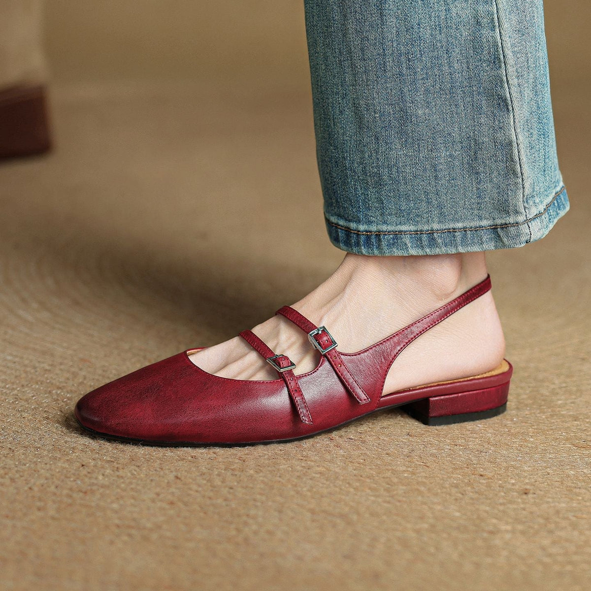 Women's Leather Slingback Mary Jane Flats
