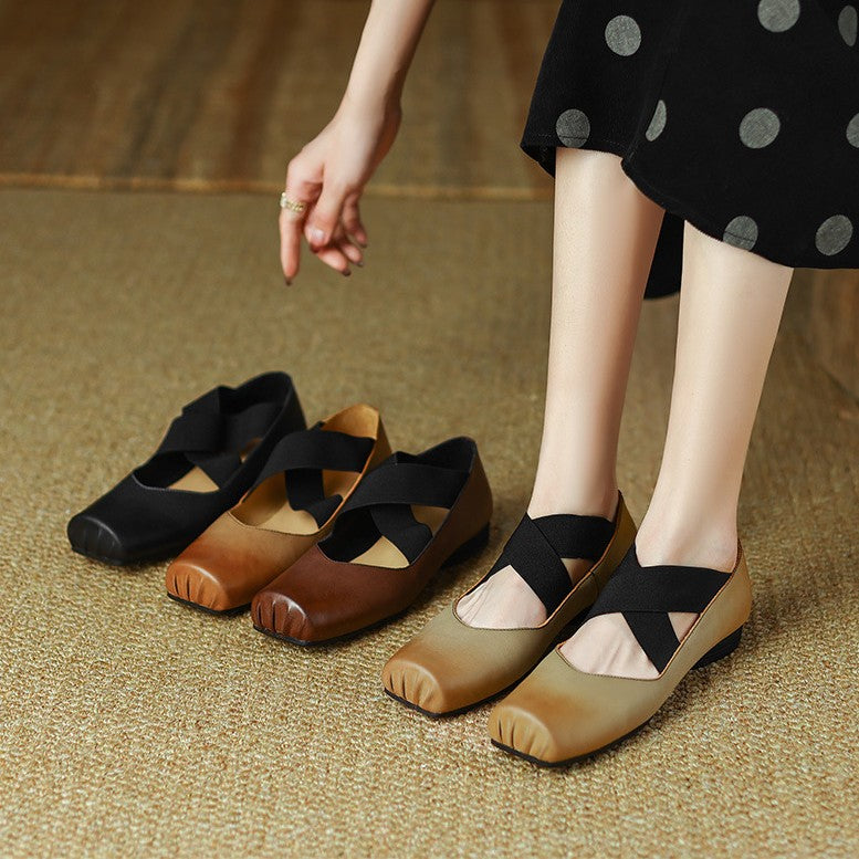 Women's Square Toe Leather Ballets