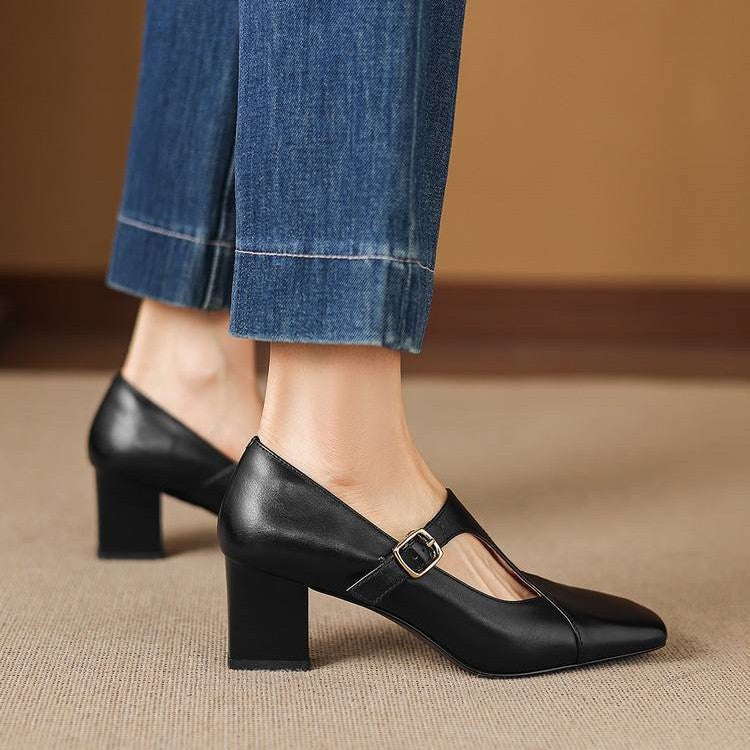 Women's Square-Toe Leather Mary-Jane Heels
