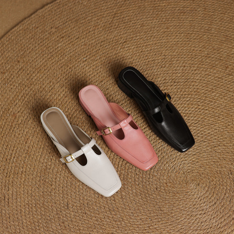 Women's T-Strap Leather Mules