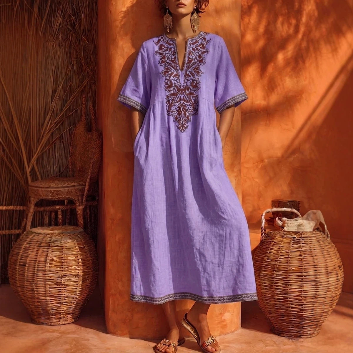 Lillian | Women's V-Neck Embroidered Bohemian Floral Dress