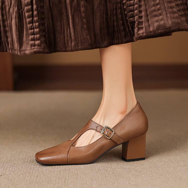 Women's Square-Toe Leather Mary-Jane Heels